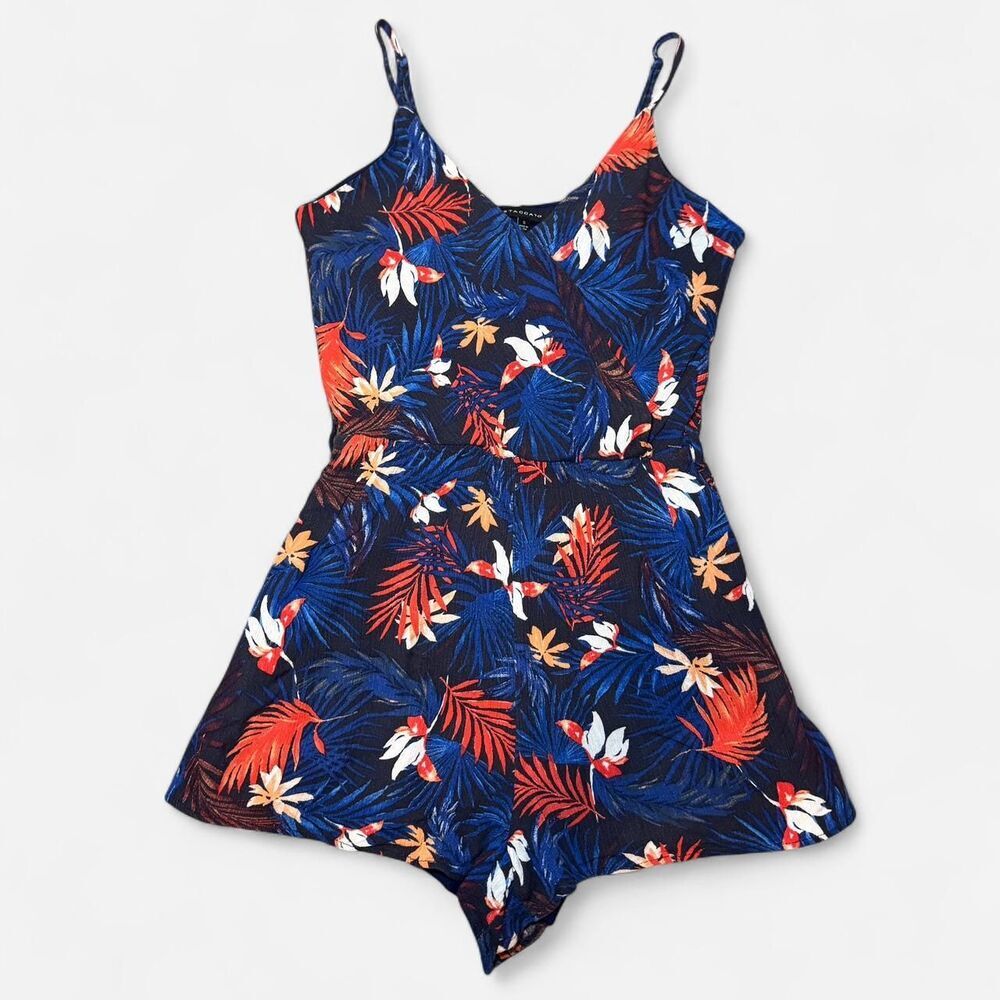 Blue Tropical Hawaiian Palm Print Romper (Size Small)